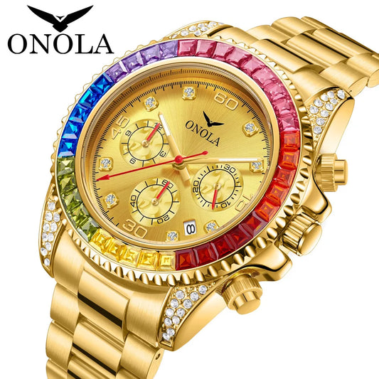 Reloj de cuarzo dorado TOP Business para hombre ONOLA, reloj de acero inoxidable con diamantes coloridos y resistente al agua