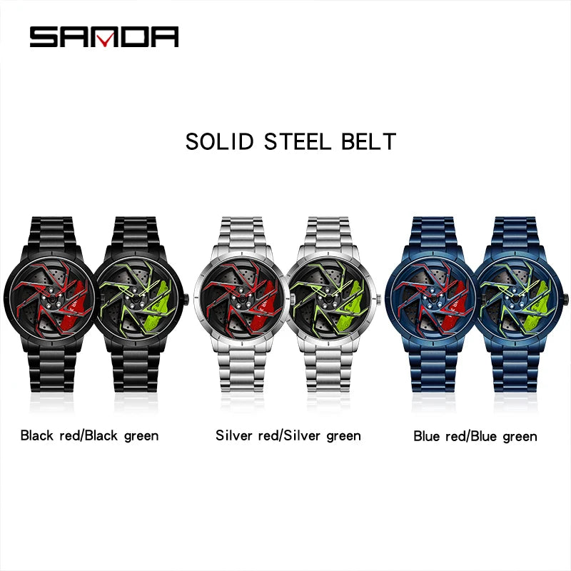 Sanda P1088 Hot Sell Stainless Steel Band Watch Premium Quartz Movement Car Rim Wheel Shaped Rotating Dial Relogio Masculino