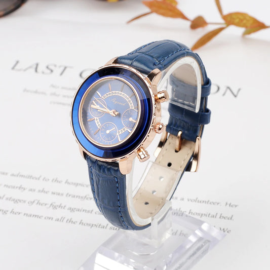 Reloj azul, relojes para mujer, relojes de pulsera de cuero genuino a la moda para mujer, reloj de pulsera de marca, reloj de cuarzo informal para mujer