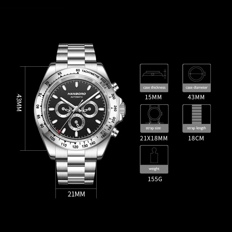 HANBORO Men Automatic Watch 43mm Luxury Mechanical Wristwatch Luminous Military 50M Waterproof Steel Strap Week Date