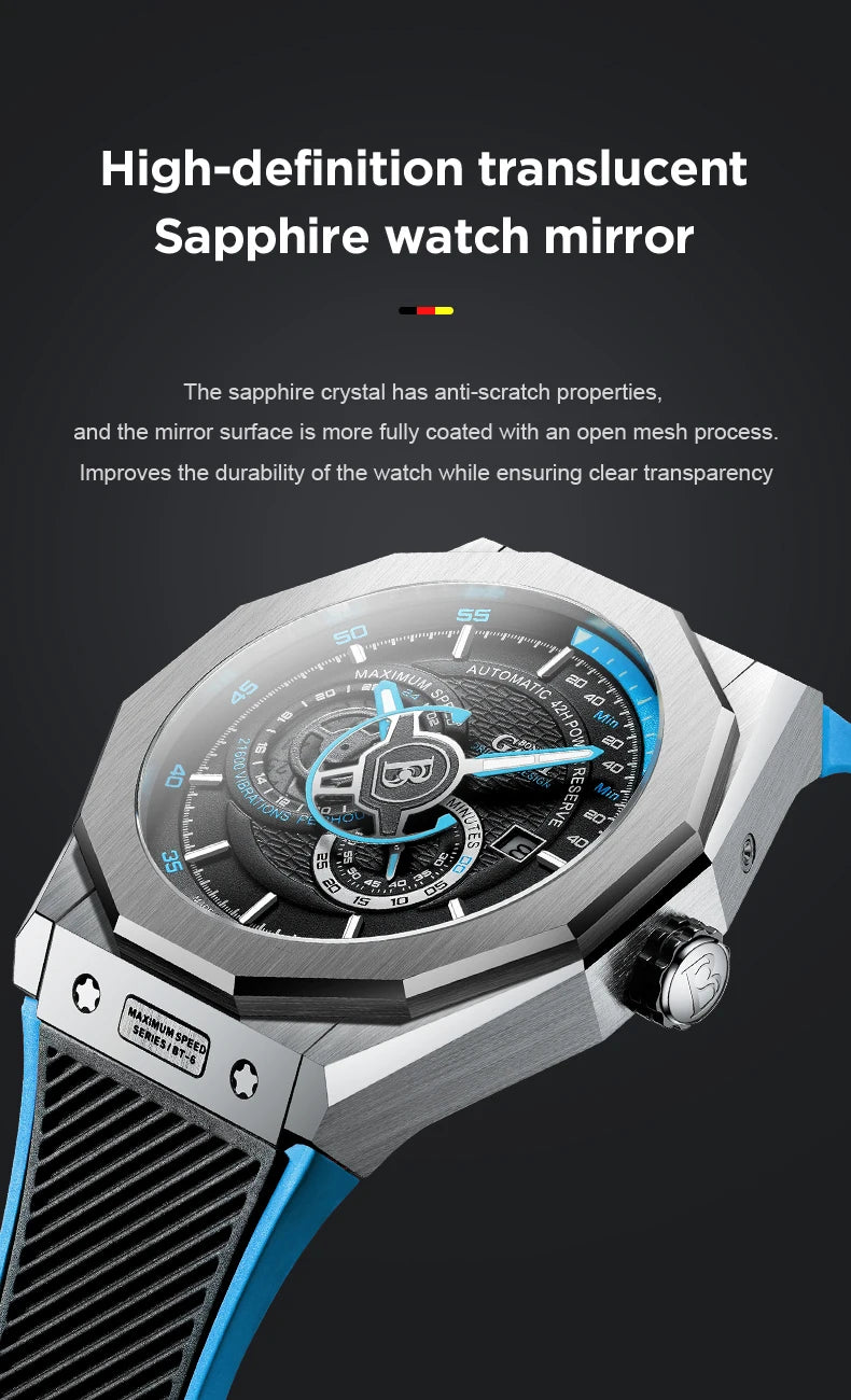 BONEST GATTI Men Automatic Watch Luxury Watches Military Mechanical Wristwatch 50M Waterproof Sapphire Luminous Rubber Strap