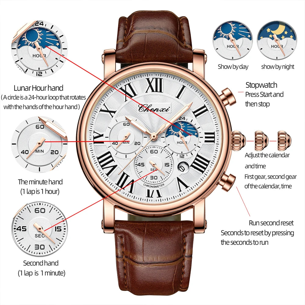 CHENXI New Chronograph Quartz Watch for Men Moon Phase Date Dial Clock Top Brand Male Leather Waterproof Luminous Wristwatch