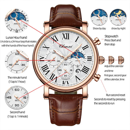 CHENXI New Chronograph Quartz Watch for Men Moon Phase Date Dial Clock Top Brand Male Leather Waterproof Luminous Wristwatch