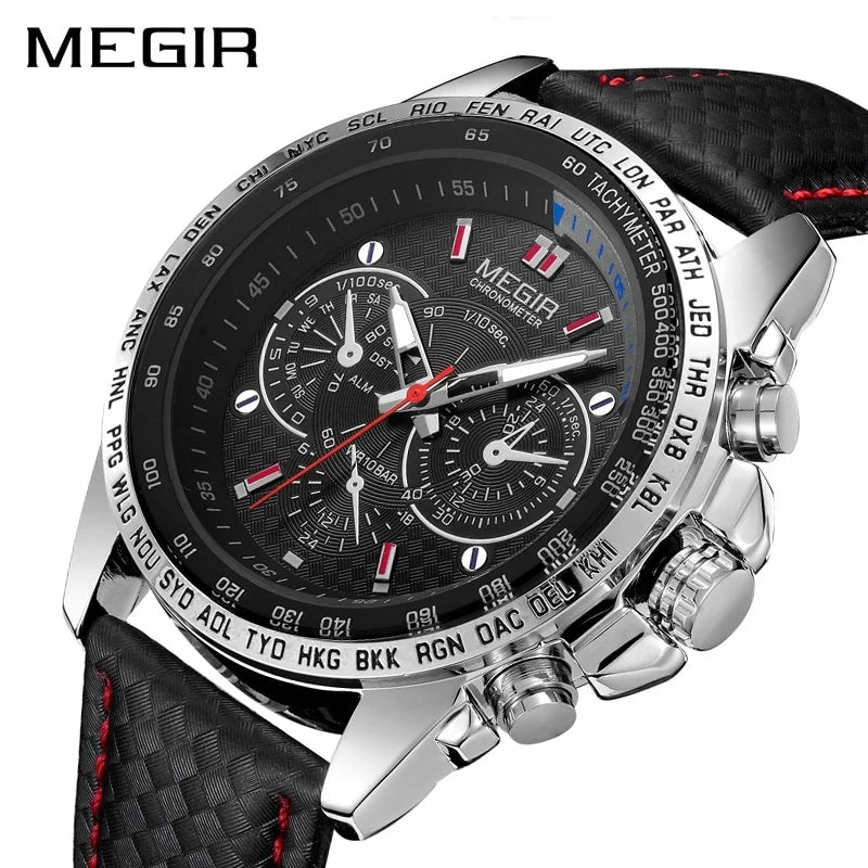 Megir Top Brand Sport Mens Watches Luxury Quartz Men Watch Fashion Casual Black Pu Strap Clock Big Dial Erkek Saat 1010