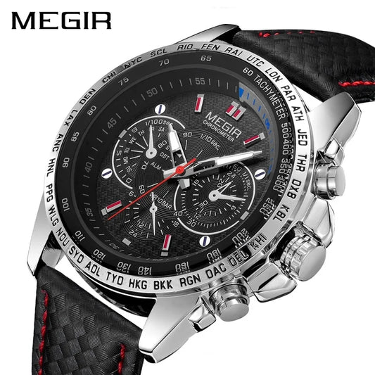 Relojes Megir deportivos para hombre de la mejor marca, reloj de cuarzo de lujo para hombre, reloj informal de moda con correa de Pu negra, esfera grande Erkek Saat 1010