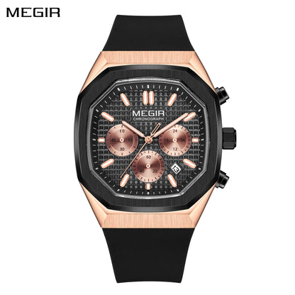 MEGIR Rose Black Fashion Sport Wristwatch Men Chronograph Clock Silicone Quartz Vintage Watch Men Business Relogio Masculino