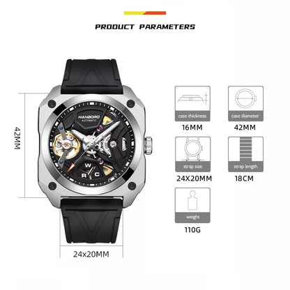 HANBORO Men Luxury Watch 42MM Automatic Watches Mechanical Wristwatch Fashion 50M Waterproof Luminous Skeleton Dial Rubber Strap