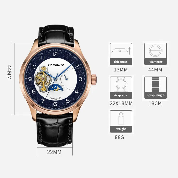 HANBORO Men Automatic Watch Luxury Watches Mechanical Wristwatch Hollow Out Dial Fly Wheel 24 Hours Butterlfy Clasp