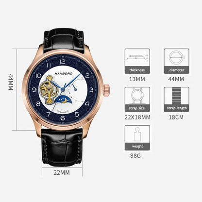 HANBORO Men Automatic Watch Luxury Watches Mechanical Wristwatch Hollow Out Dial Fly Wheel 24 Hours Butterlfy Clasp