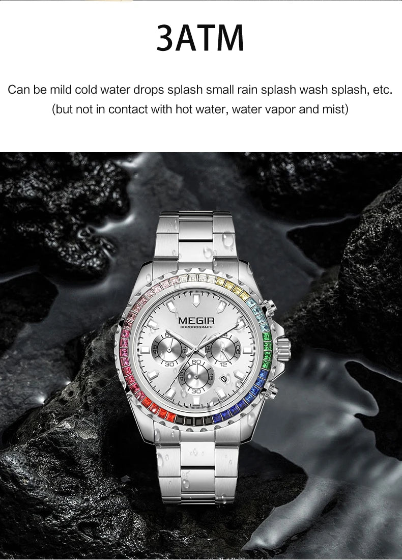 Reloj MEGIR para Hombre, relojes de pulsera originales de lujo con diamantes de cuarzo, Reloj luminoso resistente al agua, relojes de negocios, Reloj con fecha automática para Hombre