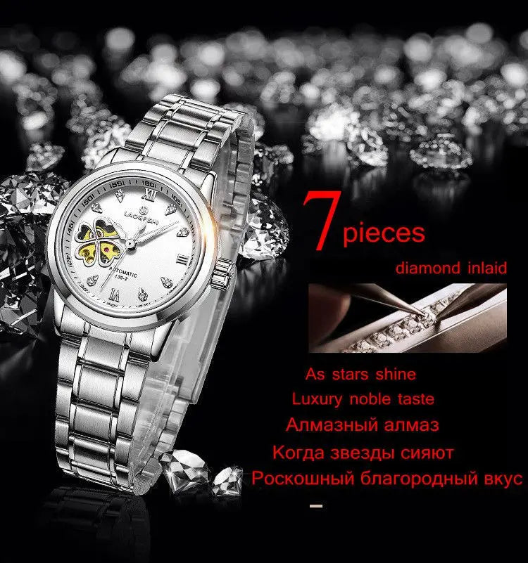 Relojes mecánicos automáticos para mujer, relojes de pulsera con trébol de cuatro hojas y diamantes, reloj de cuero rosa para mujer, resistente al agua Senhoras Assistir