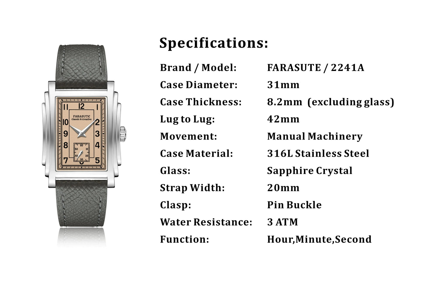 FARASUTE, reloj automático para hombre, reloj de pulsera mecánico rectangular de lujo a la moda, zafiro, resistente al agua hasta 30m, ST17, pequeña segunda mano