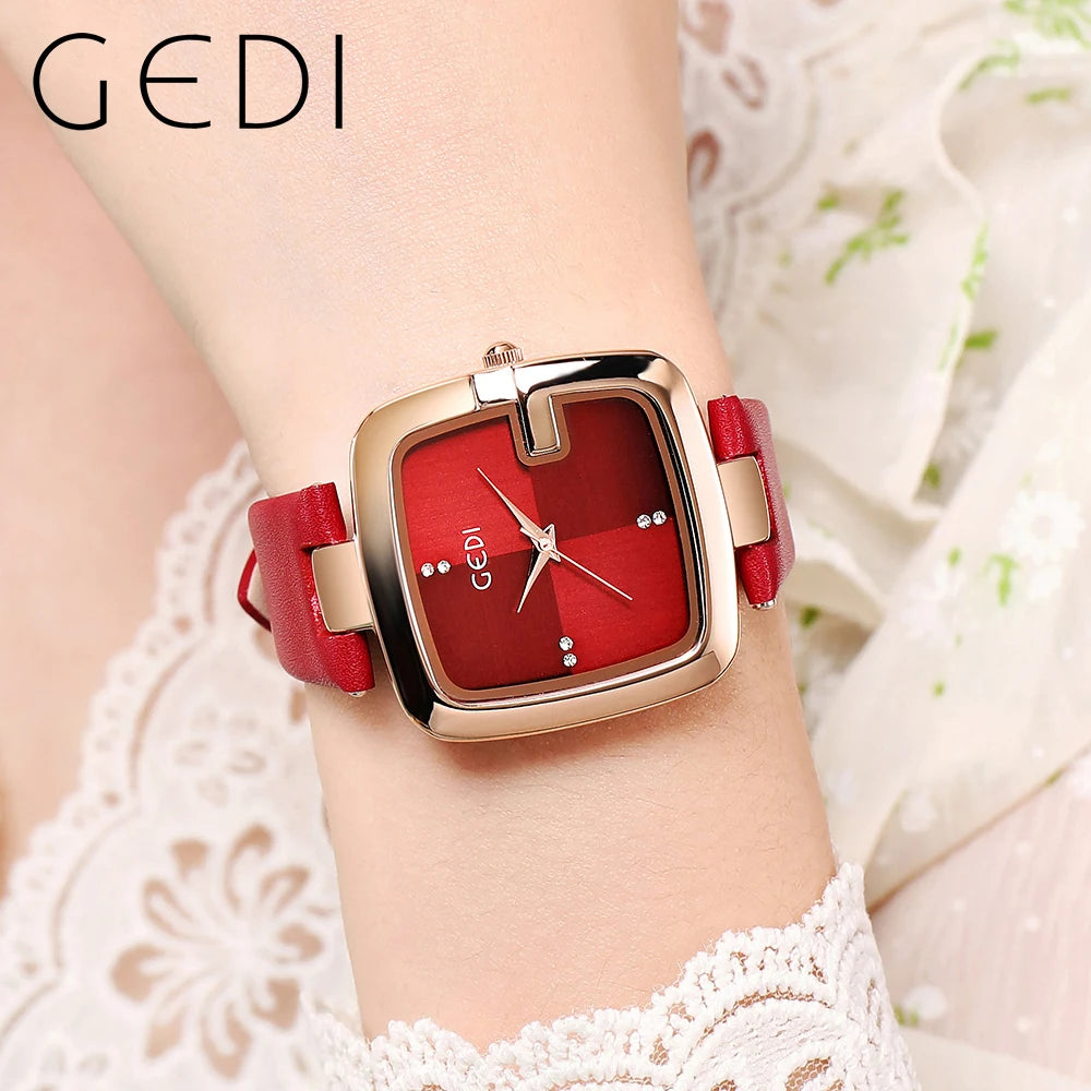 Fashin Gedi Top Brand Women Square Clock Minimalist Waterproof Quartz Ladies Brown Leather Casual Simple Female Wrist Watches