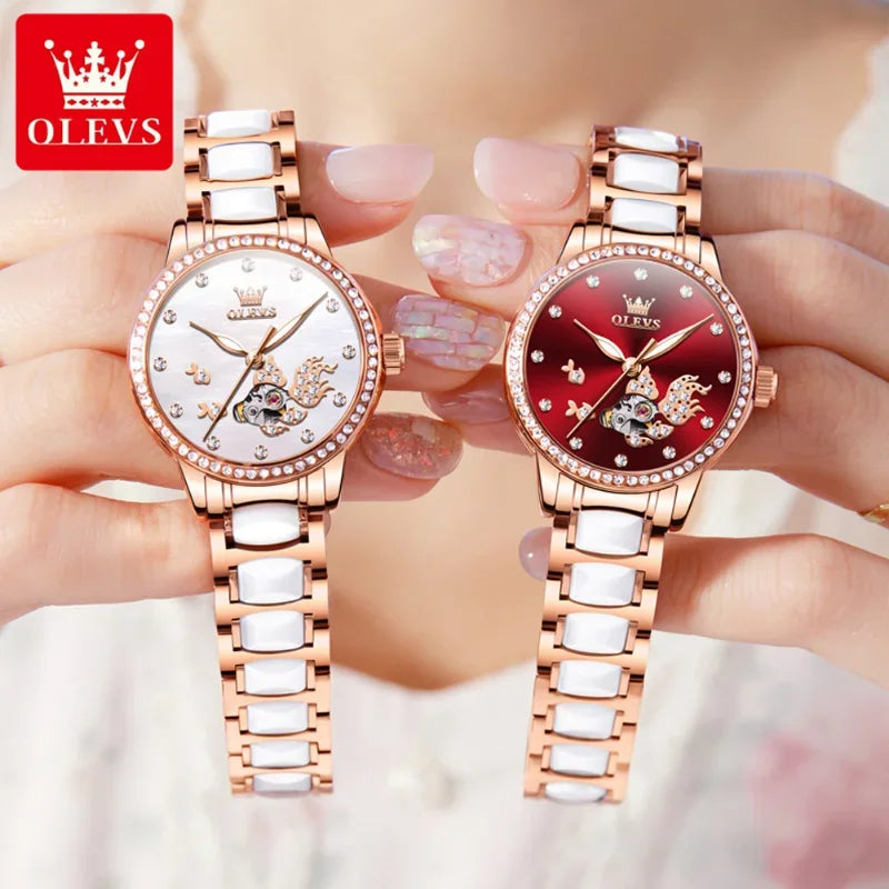 OLEVS 7001 relojes para mujer, reloj de pulsera mecánico a la moda, reloj con esfera con anillo y taladro para carpa Luck Koi para mujer, cerámica resistente al agua