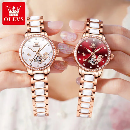 OLEVS 7001 relojes para mujer, reloj de pulsera mecánico a la moda, reloj con esfera con anillo y taladro para carpa Luck Koi para mujer, cerámica resistente al agua