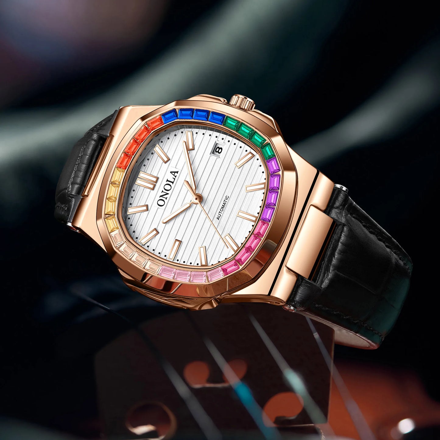 Relojes mecánicos completamente automáticos para hombres y mujeres con diamantes de colores a la moda, reloj de pulsera de cuero resistente al agua ONOLA, reloj para hombres