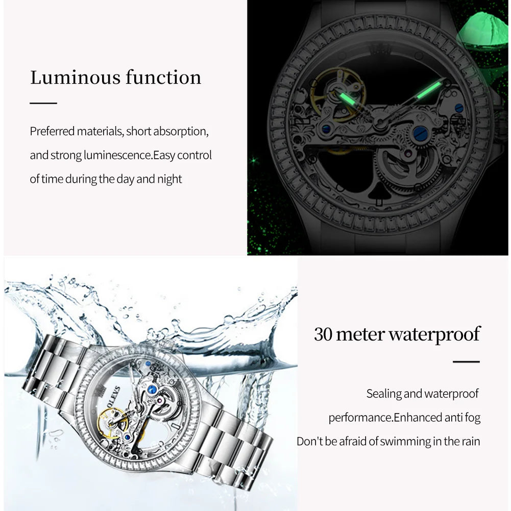 OLEVS 6699 Automatic Mechanical Women's Watch Transparent 40mm Big Dial Design Bracelet Watch Set Gift Luxury Watch for Women