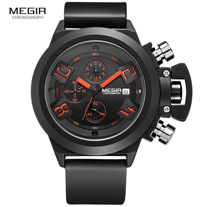 Moda Megir para hombre banda de silicona deporte relojes de pulsera de cuarzo pantalla analógica cronógrafo reloj negro para hombre con calendario 2002