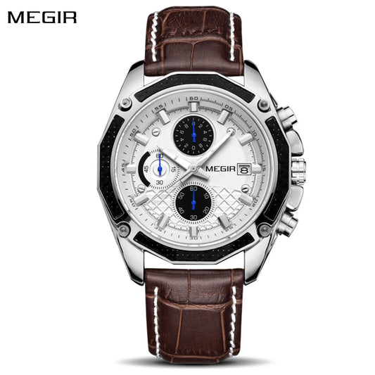 Relojes MEGIR para hombre, relojes de pulsera deportivos de cuarzo a la moda con esfera grande, correa de cuero, reloj informal resistente al agua, cronógrafo para hombre