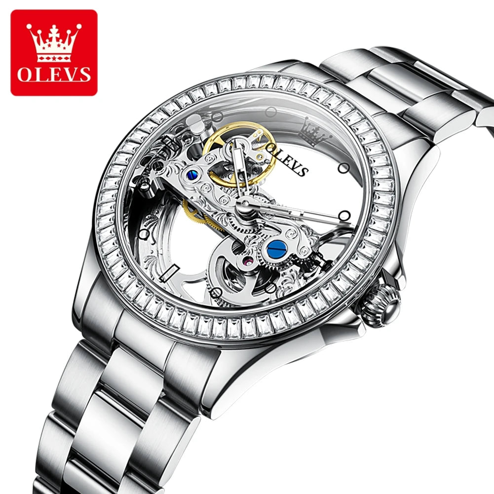 OLEVS 6699 Automatic Mechanical Women's Watch Transparent 40mm Big Dial Design Bracelet Watch Set Gift Luxury Watch for Women