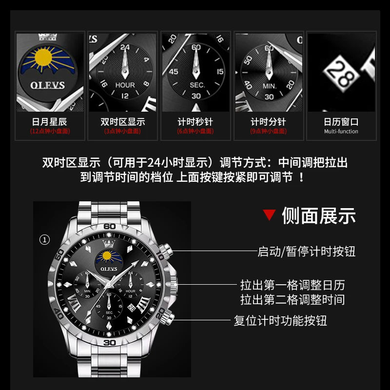 OLEVS Original Moon Phase Men Watches Luminous Skeleton Waterproof Quartz Watch Calendar Chronograph Stainless Steel Wristwatch