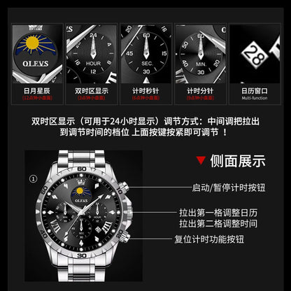 OLEVS Original Moon Phase Men Watches Luminous Skeleton Waterproof Quartz Watch Calendar Chronograph Stainless Steel Wristwatch