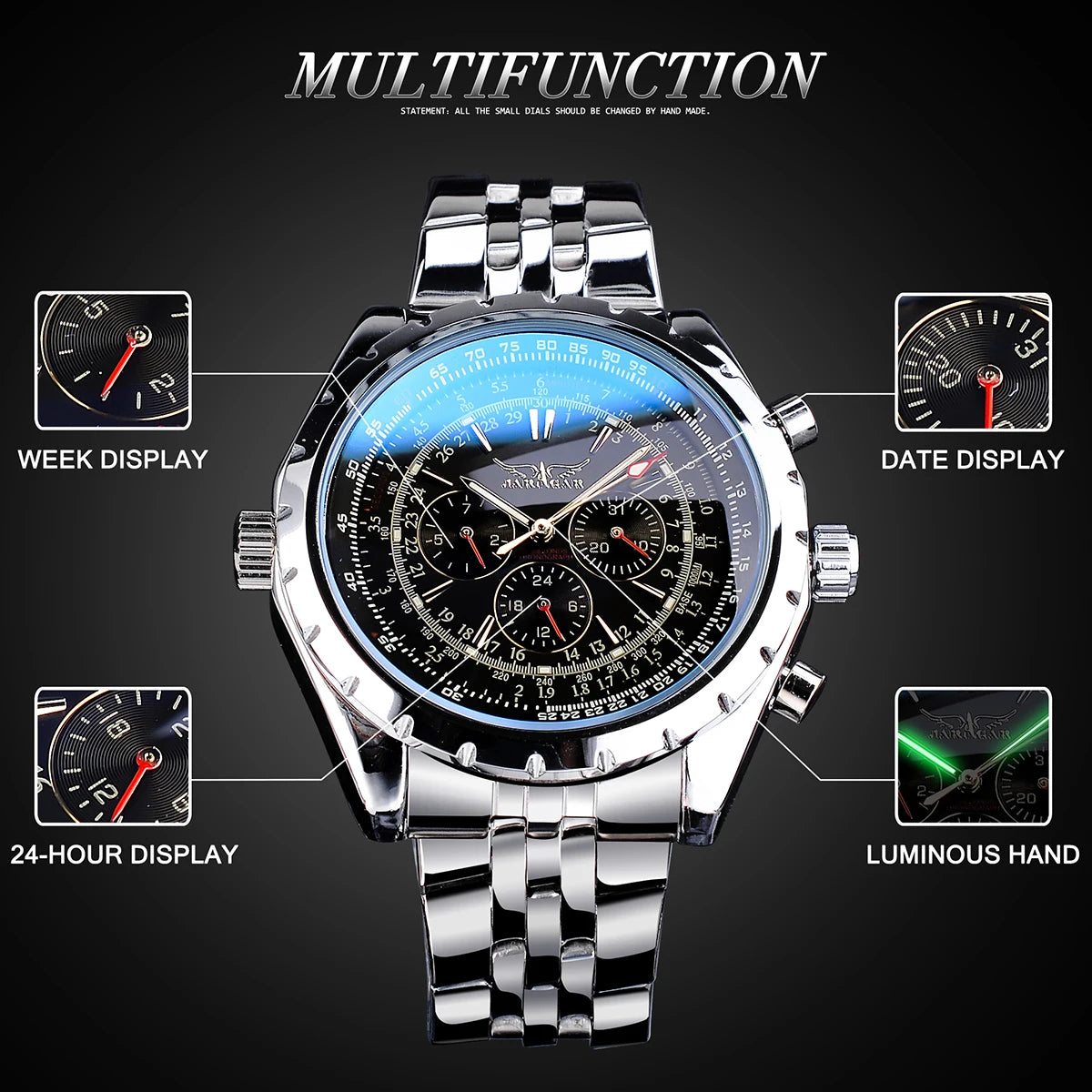 Jaragar, reloj automático de acero inoxidable con diseño de cristal azul, negro y plateado, reloj luminoso con fecha, reloj de pulsera mecánico de negocios para hombre