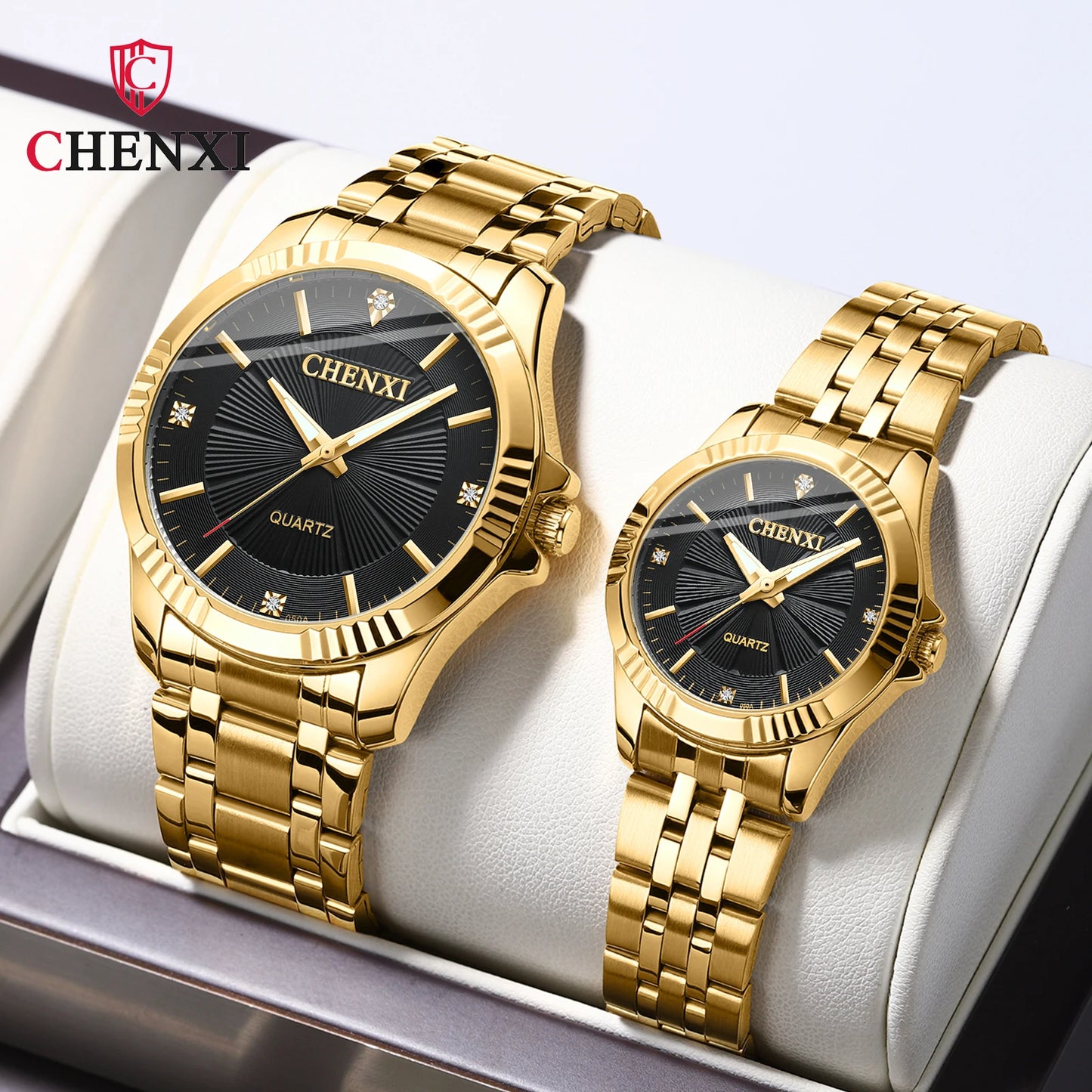 CHENXI Marca Clásico Delicado Diamante de Imitación Pareja Amante Relojes Moda de Lujo Oro Acero Inoxidable Hombres y Mujeres Reloj Orologi Coppia