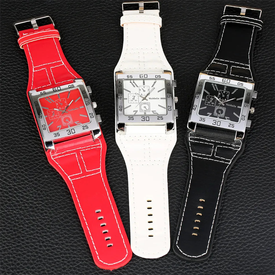 Punk Fashion Black/red/white Women's Watch Square Dial Big Size Leather Watchband Lady Rock Fashion Wristwatches Quartz Movement