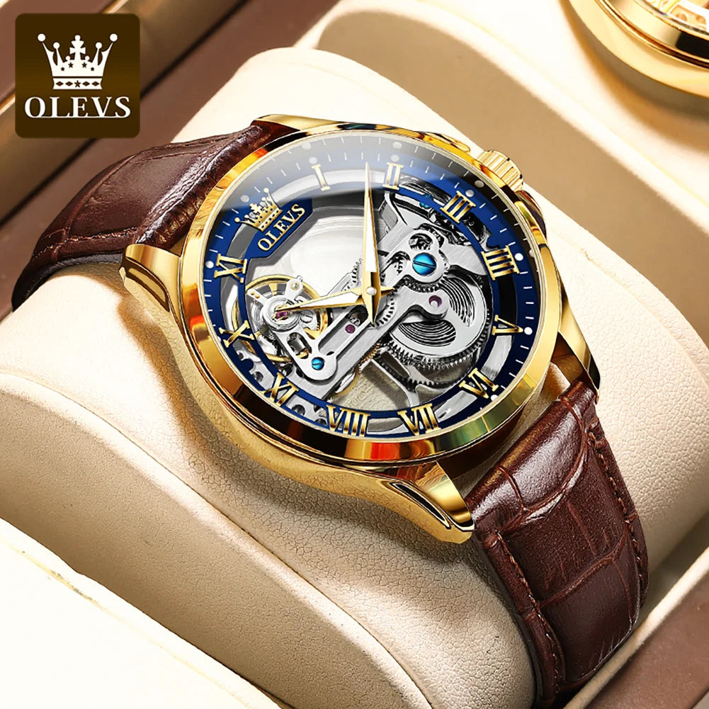 OLEVS Luxury Men‘s Watches Fully Holow Out Design Waterproof Leather Strap Automatic Mechanical Wristwatch for Men Reloj Hombre