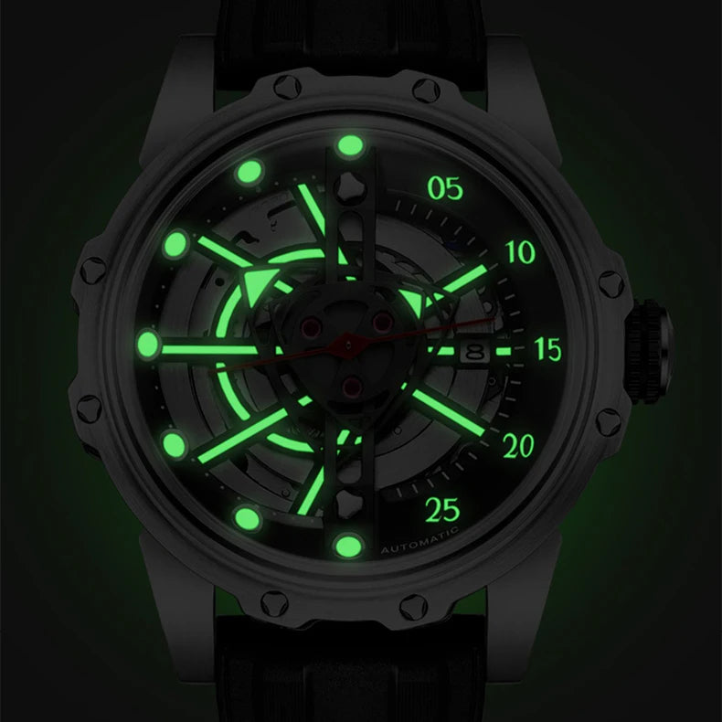 HANBORO Men Luxury Watch 44mm Automatic Watches Mechanical Wristwatch 100m Waterproof Luminous  Skeleton Rubber Strap 8215