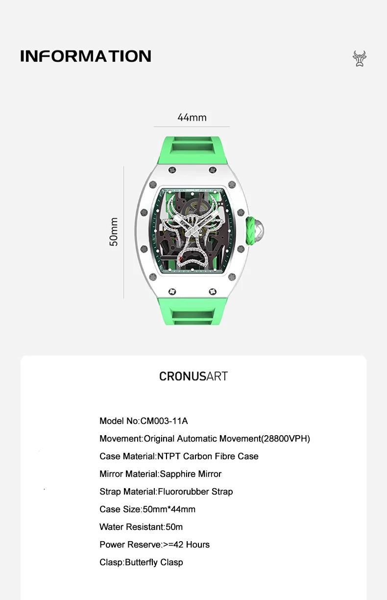 CRONUSART Men Automatic Watch Tonneau Mechanical Wristwatch Carbon Fibre Luminous Fluororubber Strap 138 Crystal Decorated Bull