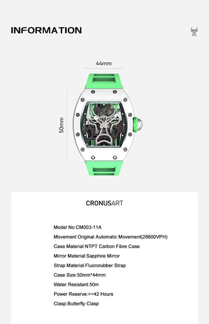 CRONUSART Men Automatic Watch Tonneau Mechanical Wristwatch Carbon Fibre Luminous Fluororubber Strap 138 Crystal Decorated Bull