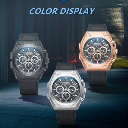 Reloj MEGIR de cuarzo multifuncional a la moda, reloj de pulsera militar deportivo con correa de cuero para hombre, reloj cronógrafo luminoso resistente al agua