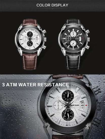 Relojes MEGIR masculinos de lujo a la moda para hombre, relojes deportivos resistentes al agua con cronógrafo de cuarzo, reloj de pulsera informal de cuero para hombre