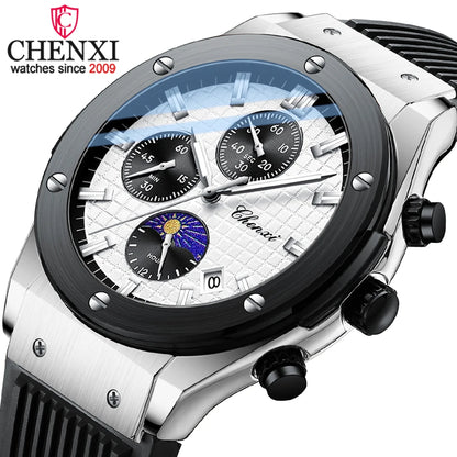 CHENXI Luxury Mens Watches Sports Calendar Moon Phase Quartz Wristwatch Men Chronograph Waterproof Silicone Strap Clock