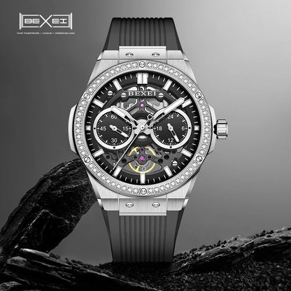 BEXEI 9129 relojes para hombre, relojes mecánicos con movimiento automático, 60 incrustaciones de circonio, espejo de zafiro sintético luminoso, resistente al agua