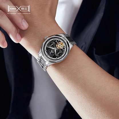 BEXEI 9133 Bermuda series mechanical watch for men tungsten steel inset white diamond fashion sapphire luminous business watch