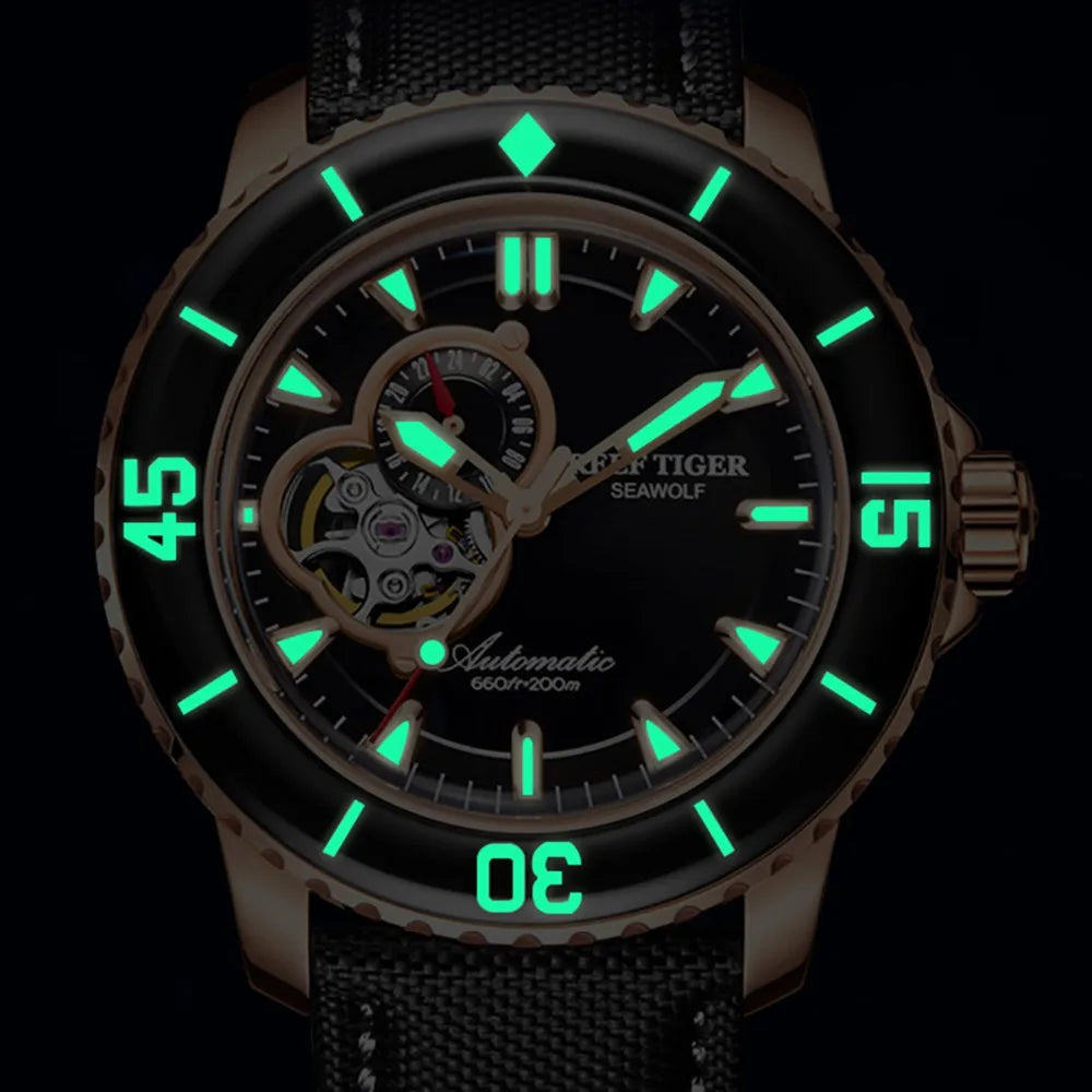 Reef Tiger/RT Relojes de buceo superluminosos para hombre Correa de nailon Relojes de acero inoxidable con fecha RGA3039