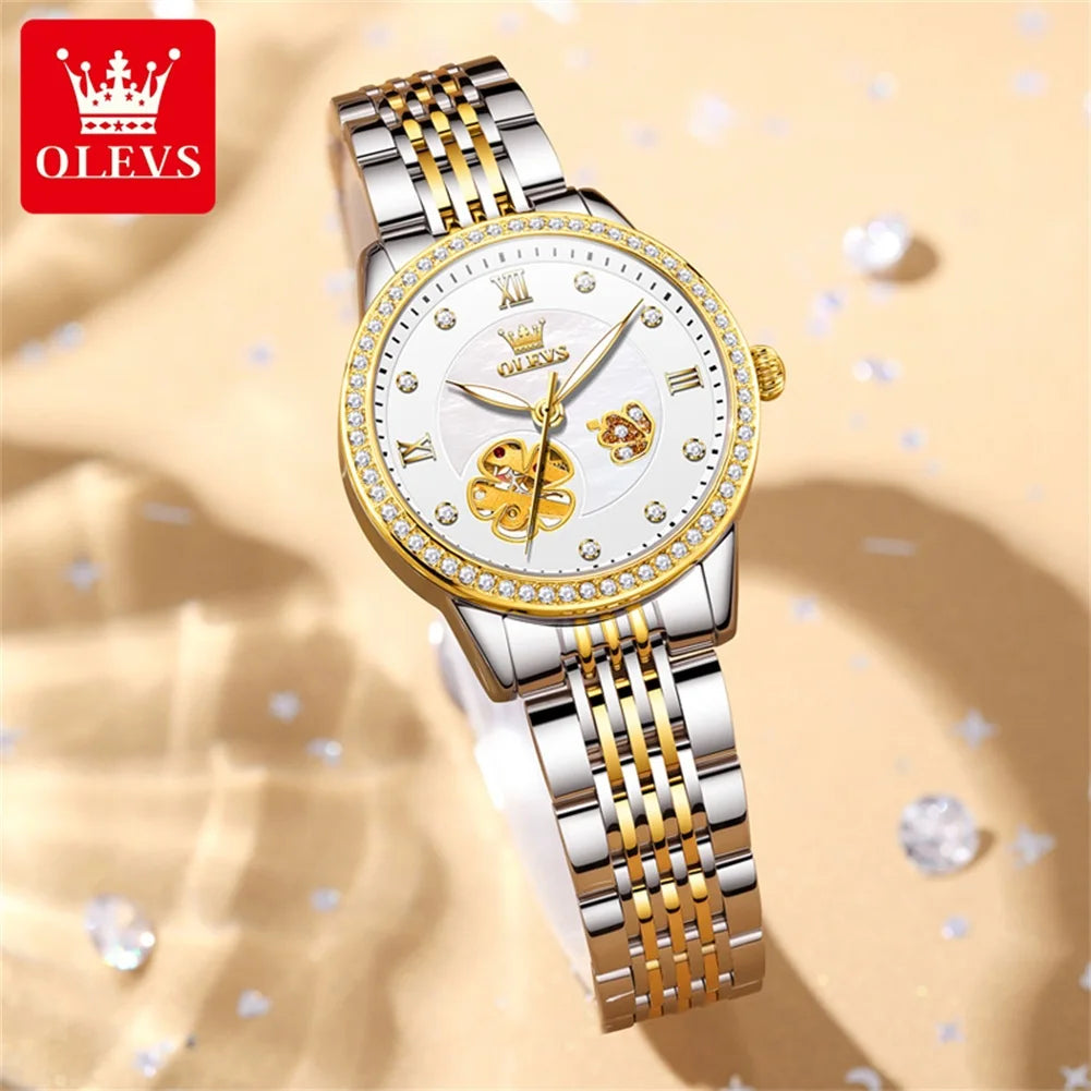 OLEVS 6706 nuevo reloj de pulsera automático de lujo con diamantes, reloj mecánico Original hueco para mujer, reloj de mano resistente al agua a escala romana