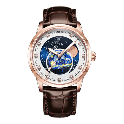 HANBORO Men Automatic Watch Luxury Moon Phase Watches Business Mechanical Wristwatches 50M Waterproof Luminous Sapphire Mirror