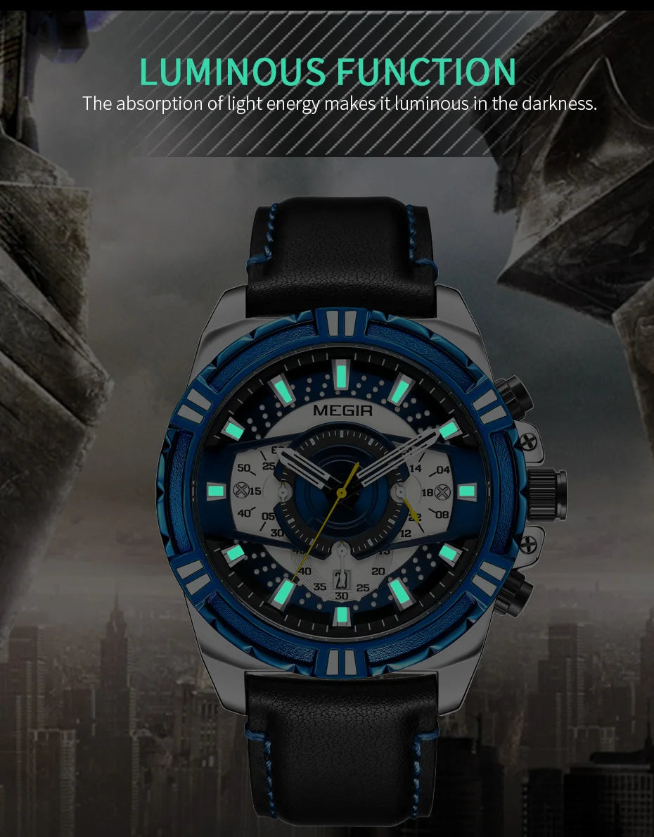 Reloj MEGIR de lujo para hombre, correa de cuero, relojes de cuarzo de negocios, reloj de pulsera deportivo luminoso a la moda para hombre, relojes Masculino