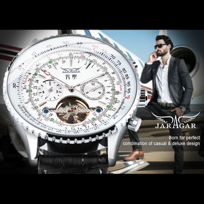 JARAGAR Tourbillon Automatic Watch for Men Multifunction Sub-Dials Military Sports Mechanical Watches Luxury Leather Strap 2023