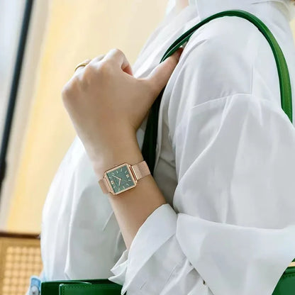 HANNAH MARTIN Relojes para Mujer Nueva Moda Casual Japón Movimiento de Cuarzo Esfera Verde Tendencia Correa de Acero Reloj de Mujer Reloj de Mujer