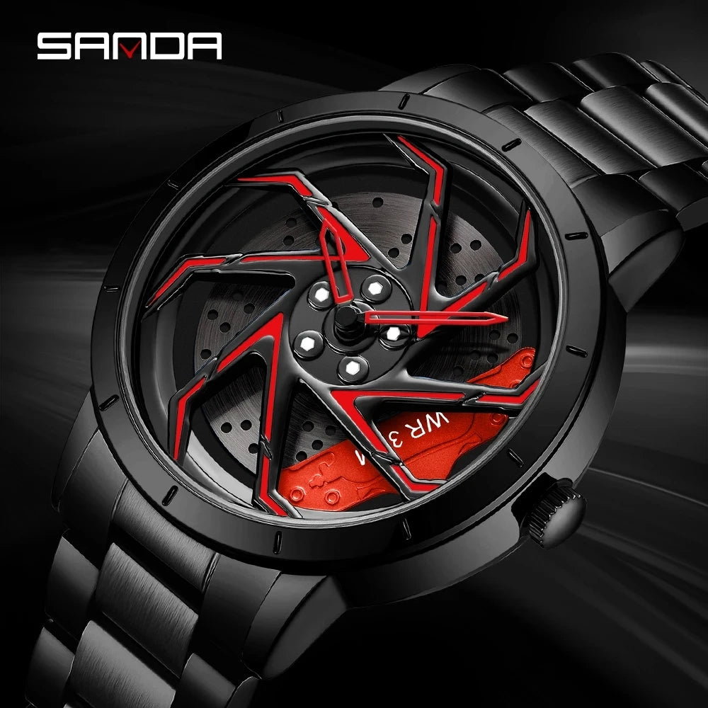 Sanda P1088 Hot Sell Stainless Steel Band Watch Premium Quartz Movement Car Rim Wheel Shaped Rotating Dial Relogio Masculino