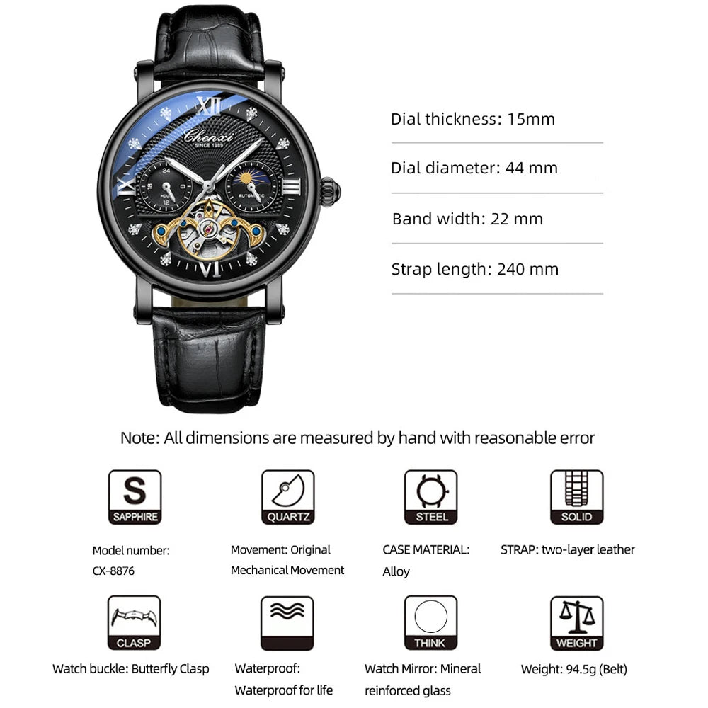 CHENXI Fashion Brand Waterproof Mens Watch Automatic Mechanical Top Luxury Sport Wristwatch Moon Phase Tourbillon Male Clock