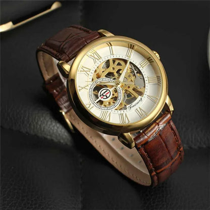Forsining Transparent Case Fashion Roman Numerial Analog Display Skeleton Hollow Engraving Gold Bezel Mechanical Watches Winner