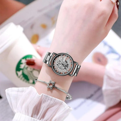 New Fashion Women Hollow Skeleton Faux Mechanical Watch Ladies Stainless Steel Quartz Wrist Watches For Female Relogio Feminino