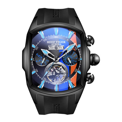 Reef Tiger/RT Designer Men Sport Watches Tourbillon Blue Dial Analog Display Rubber Strap Luminous Clock RGA3069