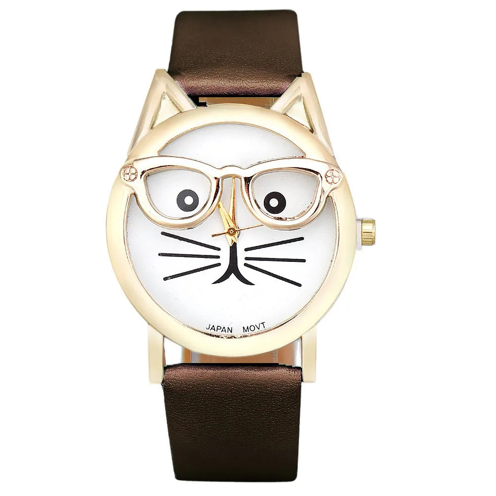 Relojes bonitos a la moda con gafas de gato, relojes de Mujer para Mujer, relojes de pulsera de cuarzo con banda de cuero informal, Reloj para niñas, Reloj para Mujer